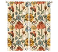 Retro Boho Floral Mushroom Curtains, Funky Mushrooms Flowers and Eyes Trippy Hippie Vintage Cottage Blackout Rod Pocket Windows Door Curtain for Bedroom Living Room Home Decor 42x45in