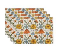 Retro Boho Floral Placemats Set of 4 70s Vintage Cute Abstract Mushrooms Fun Linen Washable Kitchen Dining Table Mats Stain Heat-Resistant Desktop Decor Place Mats for Home Party Dinner 12x18 in