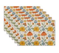 Retro Boho Floral Placemats Set of 6 70s Vintage Cute Abstract Mushrooms Fun Linen Washable Kitchen Dining Table Mats Stain Heat-Resistant Desktop Decor Place Mats for Home Party Dinner 12x18 in…