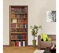Retro Bookcase Stylish Door Stickers 82x200 cm Easy Peel Stick Vinyl Decals for Interior Living Room Bedroom Tan Brown Waterproof Door Stickers Durable Decorative Designs