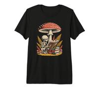 Retro Bookish Skeleton Reading Under Wild Forest Mushrooms Premium T-Shirt
