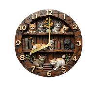 Retro Bookshelf Books Wallpaper Wall Clock, Non-ticking 12 Inch Round Decorative Clocks, Battery Operated Round Wall Hanging Clock for Home, Office Decors