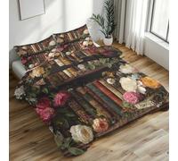 Retro Bookshelf Super King Duvet Set, Colorful Flower Bedding Set 3 Piece Soft Microfiber Quilt Cover Reversible Duvet Sets with 2 Pillows Zipper Closure L-72