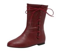 Retro Boots Women| Mens Lace Up Boot| Unisex Plus Size Boots| Retro British Boot| Flat Knight Booties| Fashionable Mid Calf Booties| Solid Colour Pirate Bootie| Vintage Medieval Bootie