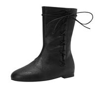 Retro Boots Women| Mens Lace Up Boot| Unisex Plus Size Boots| Retro British Boot| Flat Knight Booties| Fashionable Mid Calf Booties| Solid Colour Pirate Bootie| Vintage Medieval Bootie