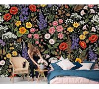 Retro Botanical Illustration Wallpaper, Realistic Floral Print Bedroom Wallpaper, Black Wall Photo Mural Wallpapers For Living Room, Easy To Install Photo 3D Wall Murals Office Decor, 350X256Cm