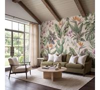 Retro Botanical Illustrations Wall Mural for Living Room, 200x140cm Panoramic Photo Wallpaper Orchids, Bird Of Paradise Silk Wall Covering for Bedroom Office Sofa Background Decor, Off-White