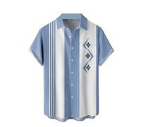 Retro Bowling Shirt for Men Vintage Printed Hawaiian Beach Shirt with Chest Pocket Casual Button Down Short Sleeve Shirt, Blue Geometric Pattern, 4XL