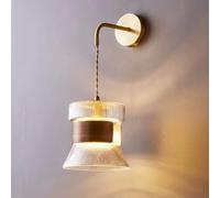 Retro Brass Wall Sconce Cylinder Glass Wall Lamp In Striped Finish,Japanese Style Solid Wood Art Wall Lighting Fixture, Nordic Cylindrical Transparent Glass Sconces E27