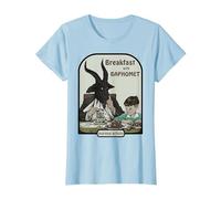 Retro Breakfast with Baphomet Dark Humor Halloween Season T-Shirt, Women, Baby Blue, Large