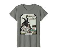 Retro Breakfast with Baphomet Dark Humor Halloween Season T-Shirt, Women, Olive Heather, X-Large