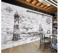 Retro Brick Wall Lighthouse Sailboat Flying Bird 3D Wallpaper Premium Textured Silk Study Dining Living Room Bedroom Sofa TV Wall Easy Install-430cm×300cm