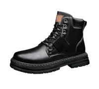 Retro British Style Combat Boots, Black Synthetic Leather, Platform Lug Sole, Size 48, High-Top Work Boots with Reinforced Eyelets