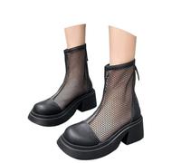 Retro British Style Mid Calf Boots With Mesh Hollow Out Design Round Toe High Heel Back Zipper Ankle Boots Fashion Footwear (Black, 6)
