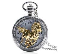 Retro Bronze 3D Horse Face Quartz Pocket Watch Full Hunter Necklace Animal Pendant Souvenir Birthday Gifts for Men Women Kid,Silver Gold