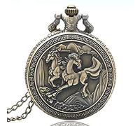 Retro Bronze Double Horses Design Chinese Style Quartz Pocket Watch with Necklace Chian Gift Decorate Gift for Father