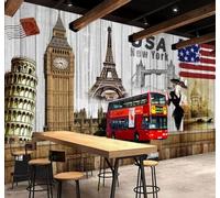 Retro Bus Architecture Wooden Panels Art 3D Wallpaper Easy Install Feature Office Living Room Sofa Bedroom TV Background Wall Decoration-200cm×140cm