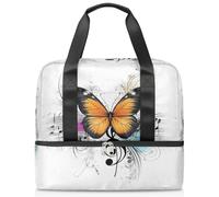 Retro Butterfly Music Note Sports Tote Gym Bag for Women Men, Travel Duffel Bag with Shoe Compartment Large Capacity Workout Overnight Bag for Fitness Yoga Swimming Weekend