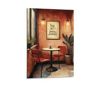 Retro Café Wall Art Vintage Coffee Shop Corner with Red Chairs And Funny Quote Cozy Restaurant Themed Canvas Print Kitchen Dining Area Bar Wall Decor Warm Rustic Color Palette Gift 12x18inch Frame
