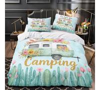 Retro Camper Quilt Cover 3D Design Printed Luxurious 3 Pcs Bedding Set Zipper Vintage Travel Illustration Duvet Cover Super Soft Durable for Kids Adults Women Teens Youth Girls King（220x240cm）