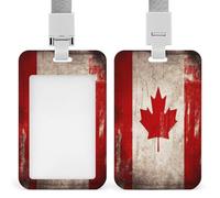 Retro Canada Flag ID Badge Holder Waterproof Card Protector Push-Pull Slot Work ID Card Holder with Lanyard Personalized Detachable Card Holders for Office Corporate Use