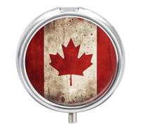 Retro Canada Flag Pill Box - 3 Compartment, Round Metal Pill Case with Mirror, Portable Medicine Holder for Purse/Wallet/Travel