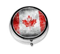 Retro Canada Flag This Small, Round Pill Box is a Portable Travel Medicine Organizer with Three compartments for Storing Daily medications.