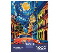 Retro Car in Havana at Night Jigsaw Puzzle 1000 Pieces, Historic Square Architecture, Thick Cardboard Pieces, Birthday Gift for Home Décor Fans, Paper Board, 52x38cm/1000pcs