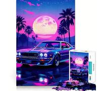 Retro Car Palm Trees Moon 1000 Pieces Jigsaw Puzzles for Adults Fine Logic Toy Leisure Time Neat Edge Art Collectible (38x26cm)