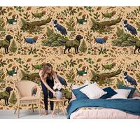 Retro Cartoon Forest Photo Mural, 200x140cm Photo Wallpaper Beagles Border Collies Labradors Silk Poster Picture Design Wall Covering for Bedroom Sofa TV Background Office Wall Decoration, Light Brown