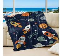Retro Cartoon Space Printed Blanket with Colorful UFOs and Smiling Astronauts, Soft Cozy Flannel Throw Blanket for Kids' Bedroom Sofa Bed, Starry Sky Theme (05,75x100cm)