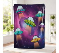 Retro Cartoon Space Printed Blanket with Colorful UFOs and Smiling Astronauts, Soft Cozy Flannel Throw Blanket for Kids' Bedroom Sofa Bed, Starry Sky Theme (14,75x100cm)