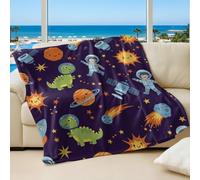 Retro Cartoon Space Printed Blanket with Colorful UFOs and Smiling Astronauts, Soft Cozy Flannel Throw Blanket for Kids' Bedroom Sofa Bed, Starry Sky Theme (07,75x100cm)