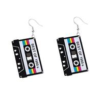 Retro Cassette Tape Dangle Drop Earrings for Women, Lightweight Acrylic & Stainless Steel Hook - Neon Jewellery for 80s/90s Cosplay, Glow Party & Music Festival (Black)