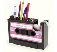 Retro Cassette Tape Dispenser with Pen Holder - Vintage Magnetic Office Organizer, PE Material, Includes Colorful Stationery - Cute Playful Aesthetic (Pink)