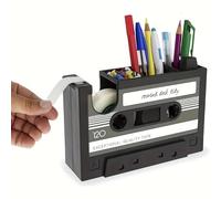 Retro Cassette Tape Dispenser with Pen Holder - Vintage Magnetic Office Organizer, PE Material, Includes Colorful Stationery - Cute Playful Aesthetic (Black)