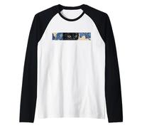 Retro Cat Blue Floral Vintage Japanese Woodblock Art Raglan Baseball Tee