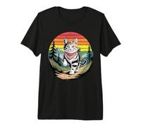 Retro Cat Hiker Vintage Sunset Mountain Trail Adventure Premium T-Shirt