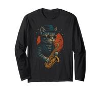 Retro Cat Playing Saxophone For Jazz Music Lovers Cat Dad Long Sleeve T-Shirt