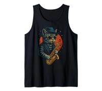 Retro Cat Playing Saxophone For Jazz Music Lovers Cat Dad Tank Top