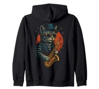 Retro Cat Playing Saxophone For Jazz Music Lovers Cat Dad Zip Hoodie
