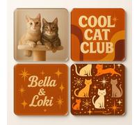 Retro Cat Vibes Acrylic Coaster Gift Set - Personalised Photo & Text Cool Cats Themed Square Drinkware in Orange, Brown, and Cream for Home & Office