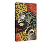 Retro Cat With Coffee Vintage Record Player Cozy Canvas Poster Bedroom Decor Landscape Office Room Decor Gift 24" L X 36" W