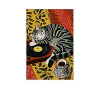 Retro Cat With Coffee Vintage Record Player Cozy Canvas Poster Bedroom Decor Landscape Office Room Decor Gift 24" L X 36" W