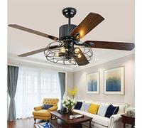 Retro Ceiling Fans with Lighting E27*5 Wooden Blade Ceiling Light with Fan Light Can Timing Fan 3 Files Adjustable Wind Speed with Remote Control Ultra Quiet Dining Room Chandelier Decorative Lighting