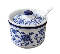 Retro Ceramic Blue and White Sugar Bowl Seasoning Pot Storage Jar with Lid