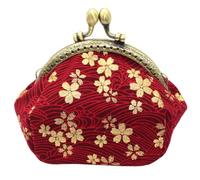 Retro Cherry Blossom Coin Bag for Women, Red Polyester Pouch | Vintage Hot Stamping Style, Moderate Capacity for Change and Lipsticks, Party Shopping Use, Metal Detail