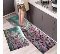Retro Cherry Blossoms Kitchen Rug Set 2 Pieces, Non-Slip and Washable Kitchen Runner Mat Garden Fields Standing Mats for Hallway, Dining Room and Entryway - 43x75cm+43x150cm, Green