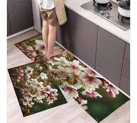 Retro Cherry Blossoms Kitchen Rugs Non Skid Washable Mats Set of 2 PCS, Garden View Absorbent Runner Rugs for Kitchen, Front of Sink,Sink Laundry, 40x60cm+40x120cm Green