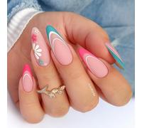 Retro Chic Matte Design Daisy Floral Accent Press On Nails - Bold Pink & Teal Short Almond French Tip False Nails with Acrylic Extensions 3D Flower Art Kit for Women, Fake Stick On, Semi Square